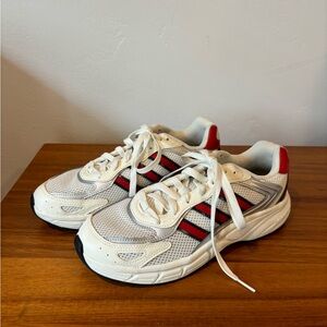 Adidas White Sneakers with Red and Black Stripes